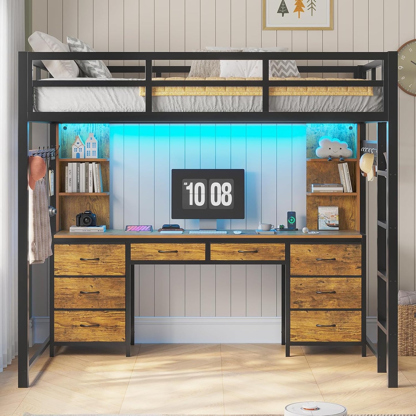 Full Size Loft Bed with Desk and 8 Storage Drawers for Teens,Rustic Brown | Metal Loft Beds with LED Lights & Charging Sation, Heavy Duty Bed Frame with 6 Storage Shelves, Space-Saving, Noise Free