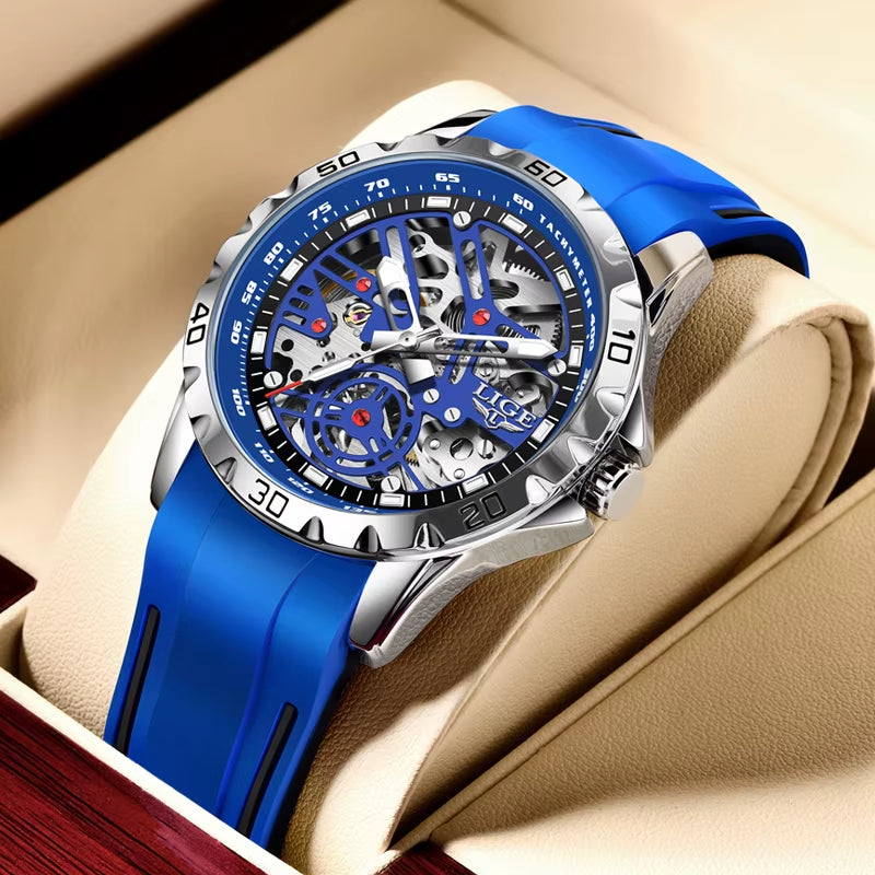 Luxury Men Watches Automatic Mechanical Wristwatch Skeleton Design Waterproof Silicone Strap Male Watch Reloj Hombre+Box