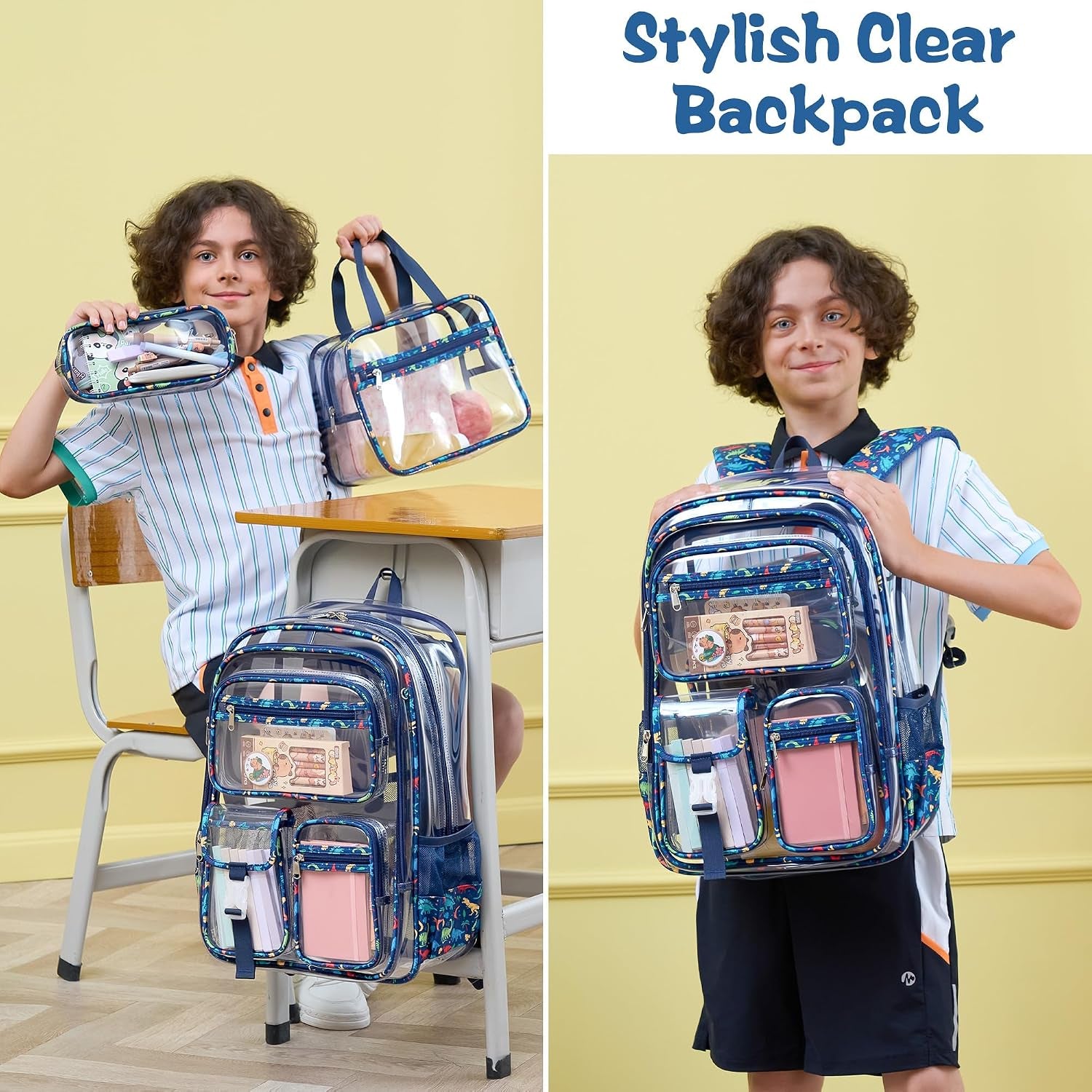 Clear Backpack for Boys, 3PCS Heavy Duty PVC Transparent Boys Backpack with Lunch Box & Pencil Case, School Stadium Event Approved Toddler School Bookbag for Preschool Kindergarten Elementary