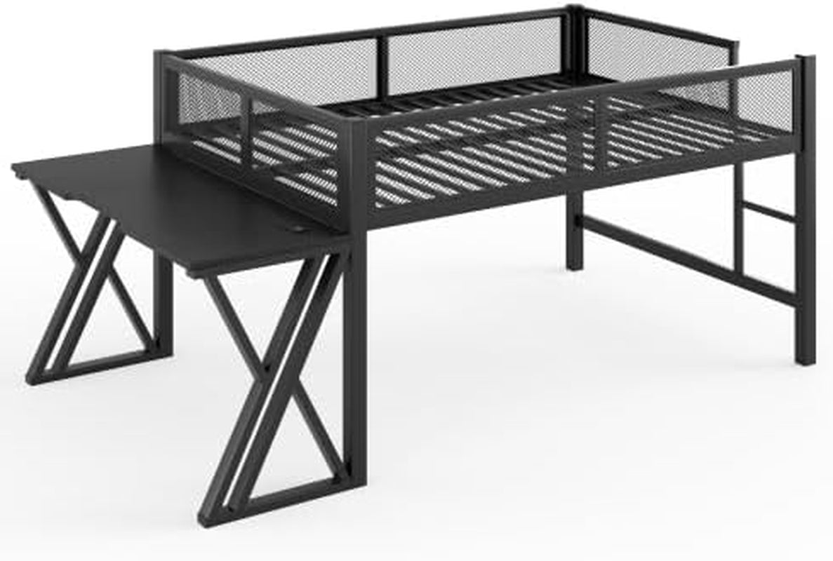 Full Size Gaming Loft Bed with Desk, USB Ports & LED Lights, Metal Loft Bed Frame with Mesh Guardrails, Space-Saving for Dorms, Bedrooms, & Gaming Setups (Black/Full)