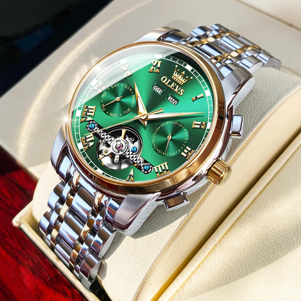 Men'S Watches Automatic Mechanical Business Wristwatch Waterproof Stainless Steel Strap Watch for Man Skeleton Calendar