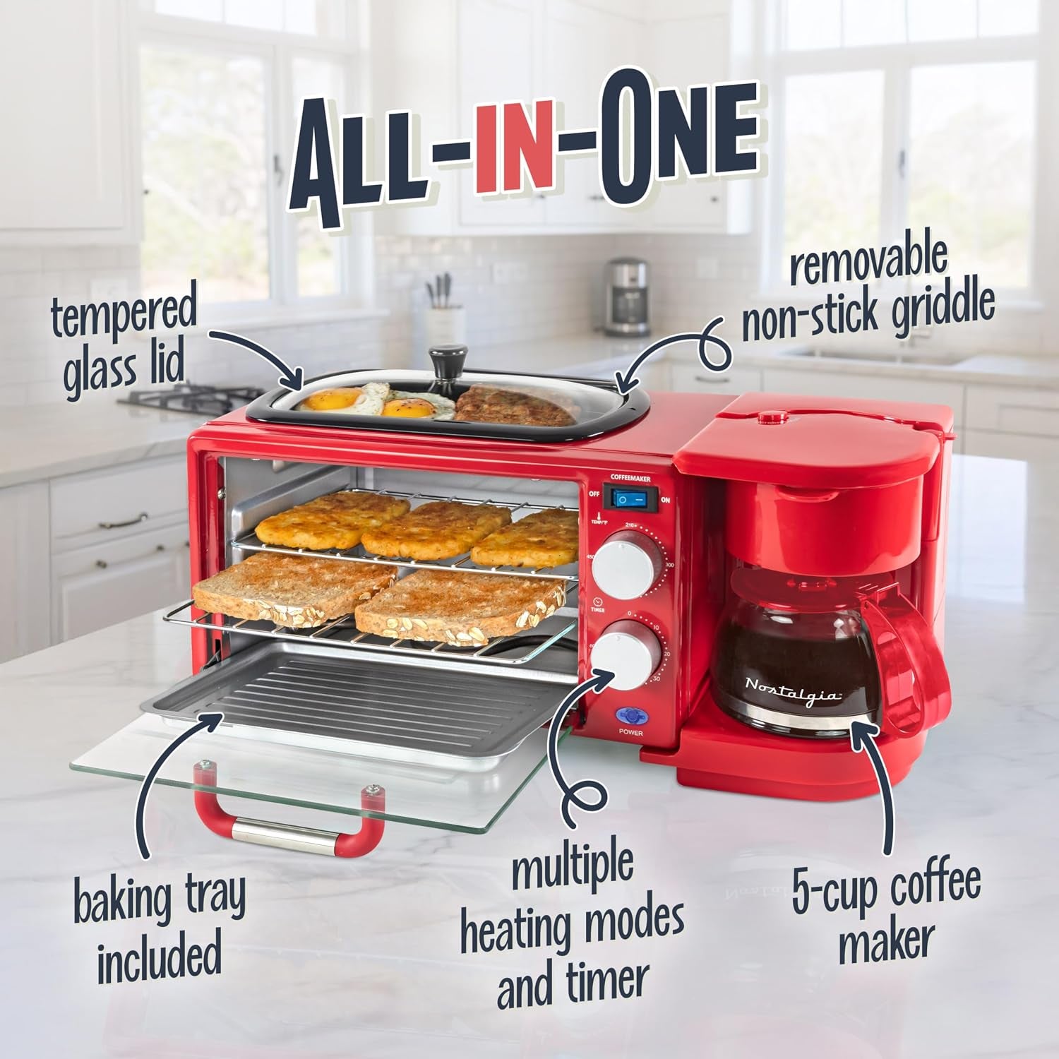 3-In-1 Retro Breakfast Station - Includes 5 (4 Oz) Cup Coffee Maker, Non-Stick Ceramic Griddle, and 4-Slice Toaster Oven - Built-In Timer, Reusable Coffee Filter, Space-Saving Design - Red