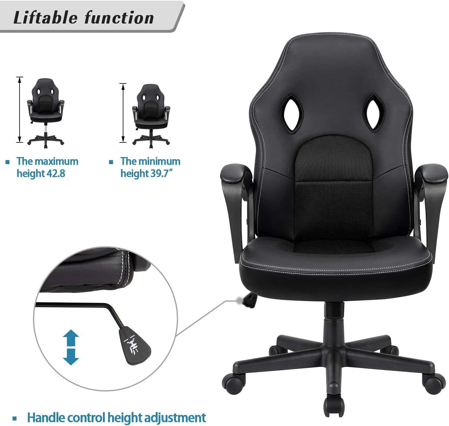 Gaming Chair Office Chair Leather Computer Desk Chair Racing Style Ergonomic Adjustable Swivel Task Chair with Lumbar Support and Arms (Black)