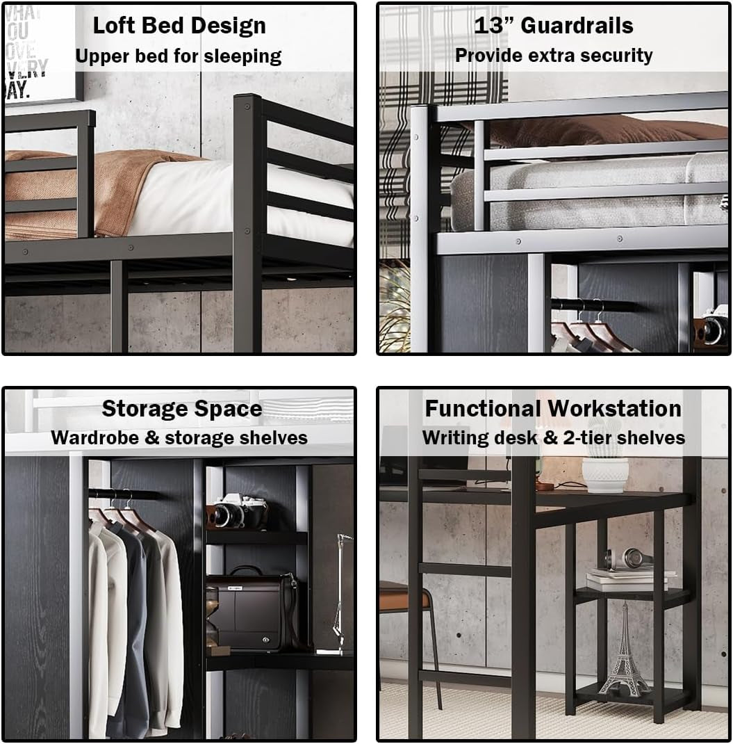 Full Size Loft Bed with Desk and Storage Shelves, Full Size Loft Bed with Wardrobe, Hanging Rod, Guardrail and Ladder, Balck