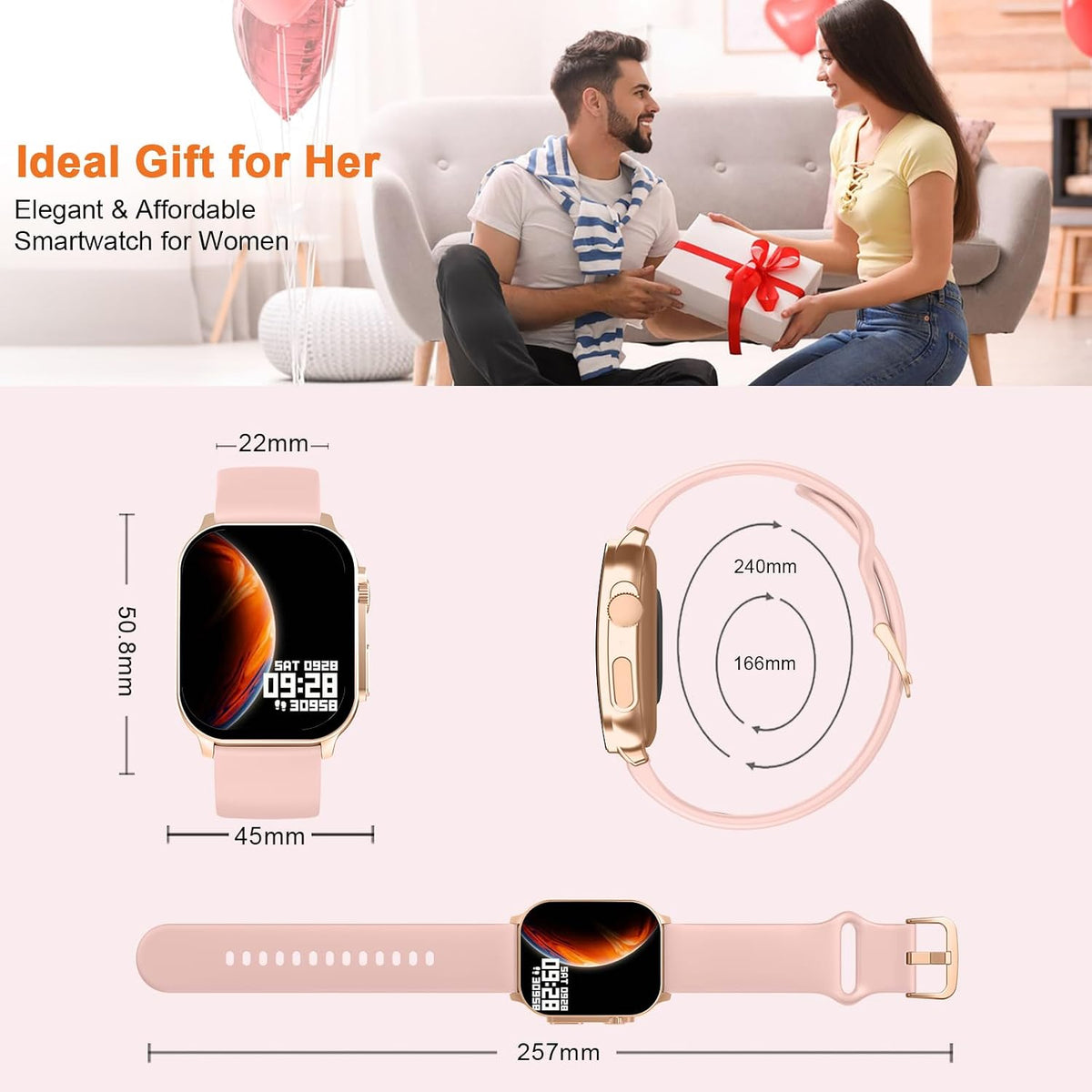 Smart Watch for Women, 2.01" AMOLED Curved Display Fitness Tracker with Answer/Make Calls, 100+ Sport Modes, 24/7 Heart Rate/Sleep Monitor/Pedometer, IP68 Waterproof Smartwatch, for Android Ios Pink