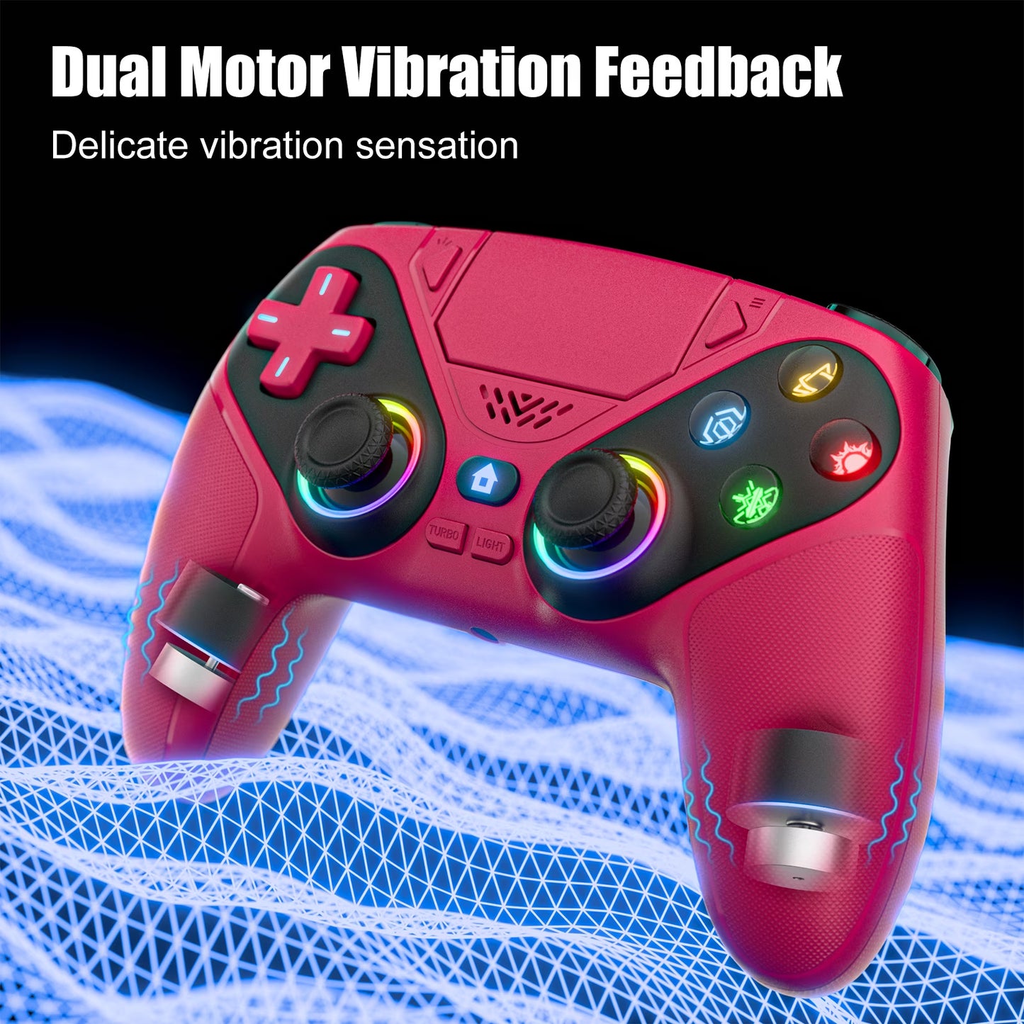 LED Wireless Controller for P5, Seven Light Colors Compatible with P5 Pro/Slim/Pc, Dual Vibration, 3.5Mm Audio Jack,Macro/Turbo Function, 6-Axis Motion Contro Gamepad with Speaker(Red)