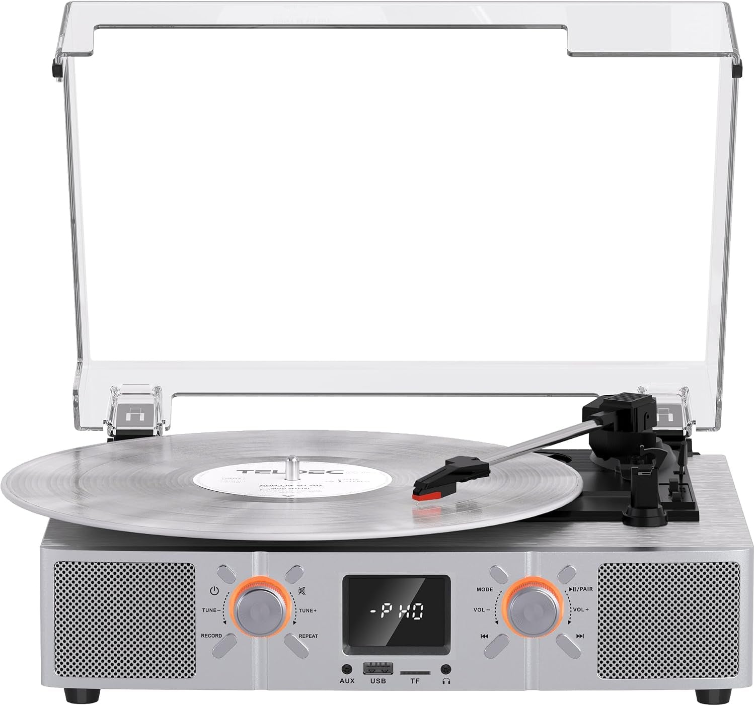 Vinylslink Vinyl Record Player with Speakers, Bluetooth Turntable, 3-Speed LP Player with Auto Stop, USB/TF Playback and Recording, FM Radio, LED Display, RCA Out, AUX In, Headphone Jack, Silver