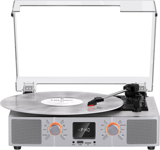 Vinylslink Vinyl Record Player with Speakers, Bluetooth Turntable, 3-Speed LP Player with Auto Stop, USB/TF Playback and Recording, FM Radio, LED Display, RCA Out, AUX In, Headphone Jack, Silver
