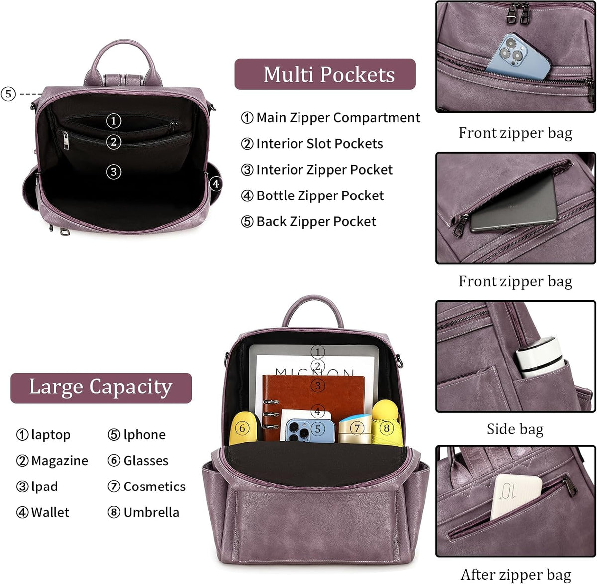 Leather Backpack Purse for Women Designer Ladies Shoulder Bag Fashion Faux Work Travel Handbags