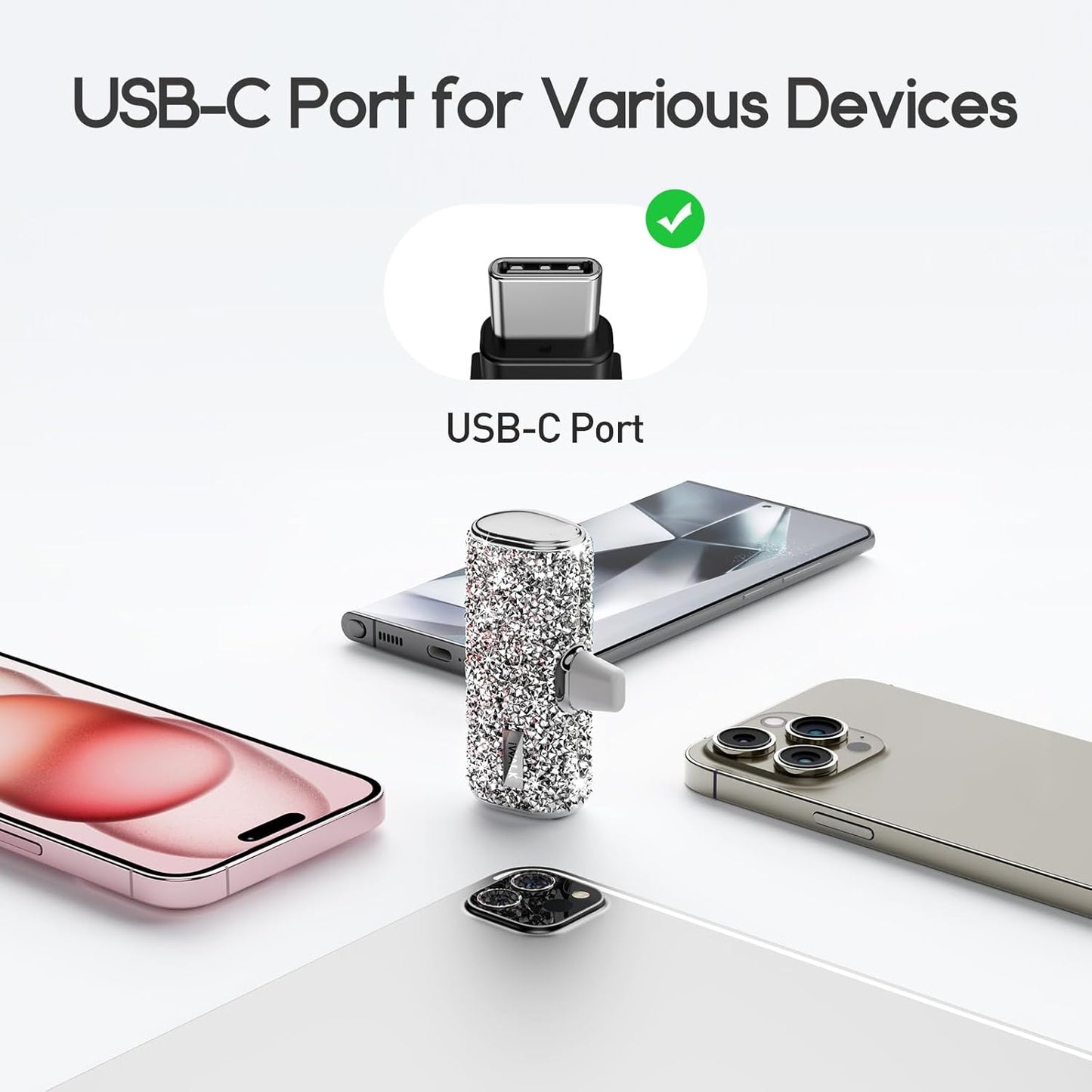 USB C Portable Charger, 4500Mah Ultra-Compact Small Power Bank, Sparkly Battery Pack Compatible with Iphone 16/15, 16 Plus, 16 Pro, 16 Pro Max, Samsung Galaxy S25, S24, S23 Ultra Z Flip5, Silver