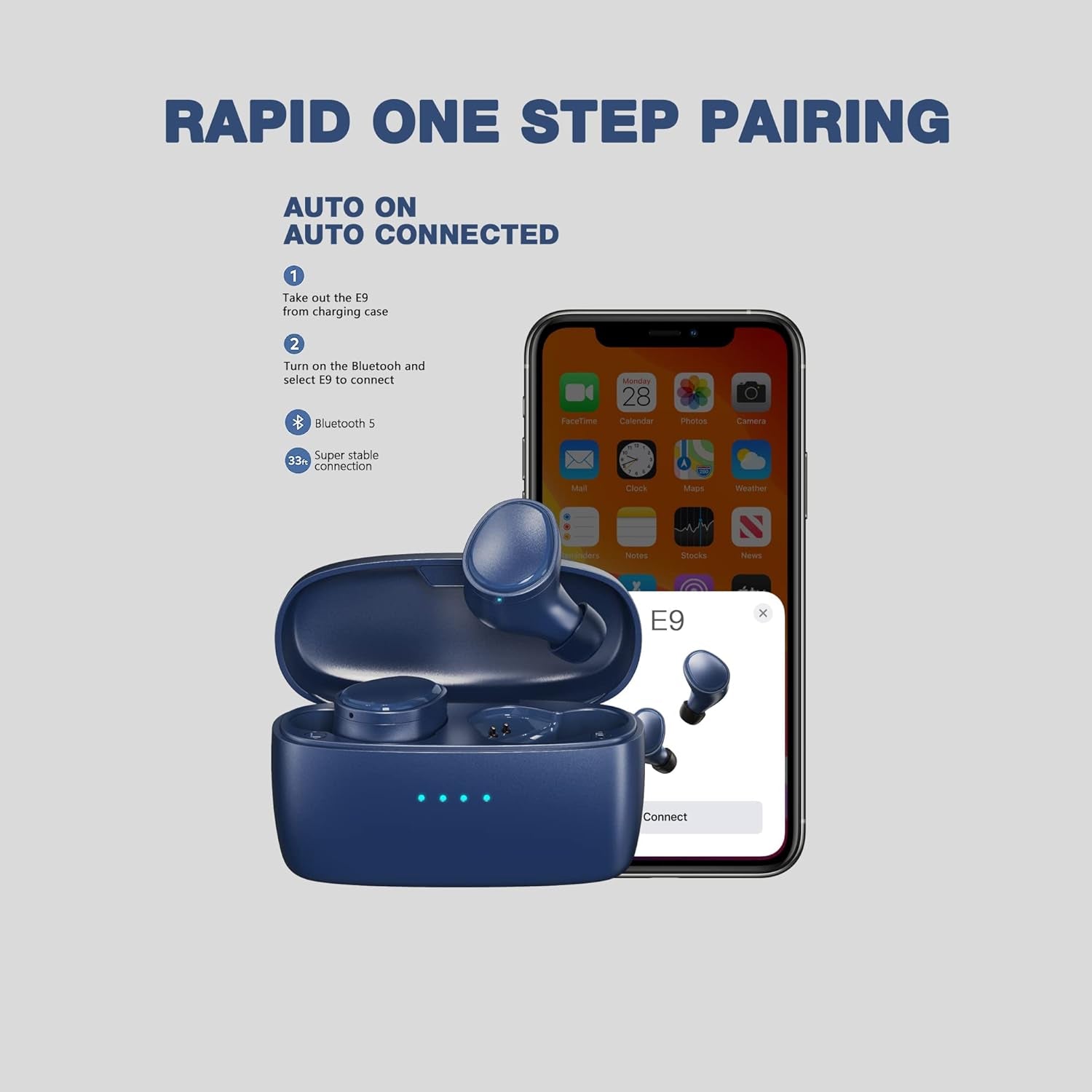 E9 True Wireless Earbuds, Royal Blue – Wireless In-Ear Headphones for Running and Sport – Bluetooth Earbuds with a Comfortable, Secure Fit, 30 Hour Battery, Great Sound