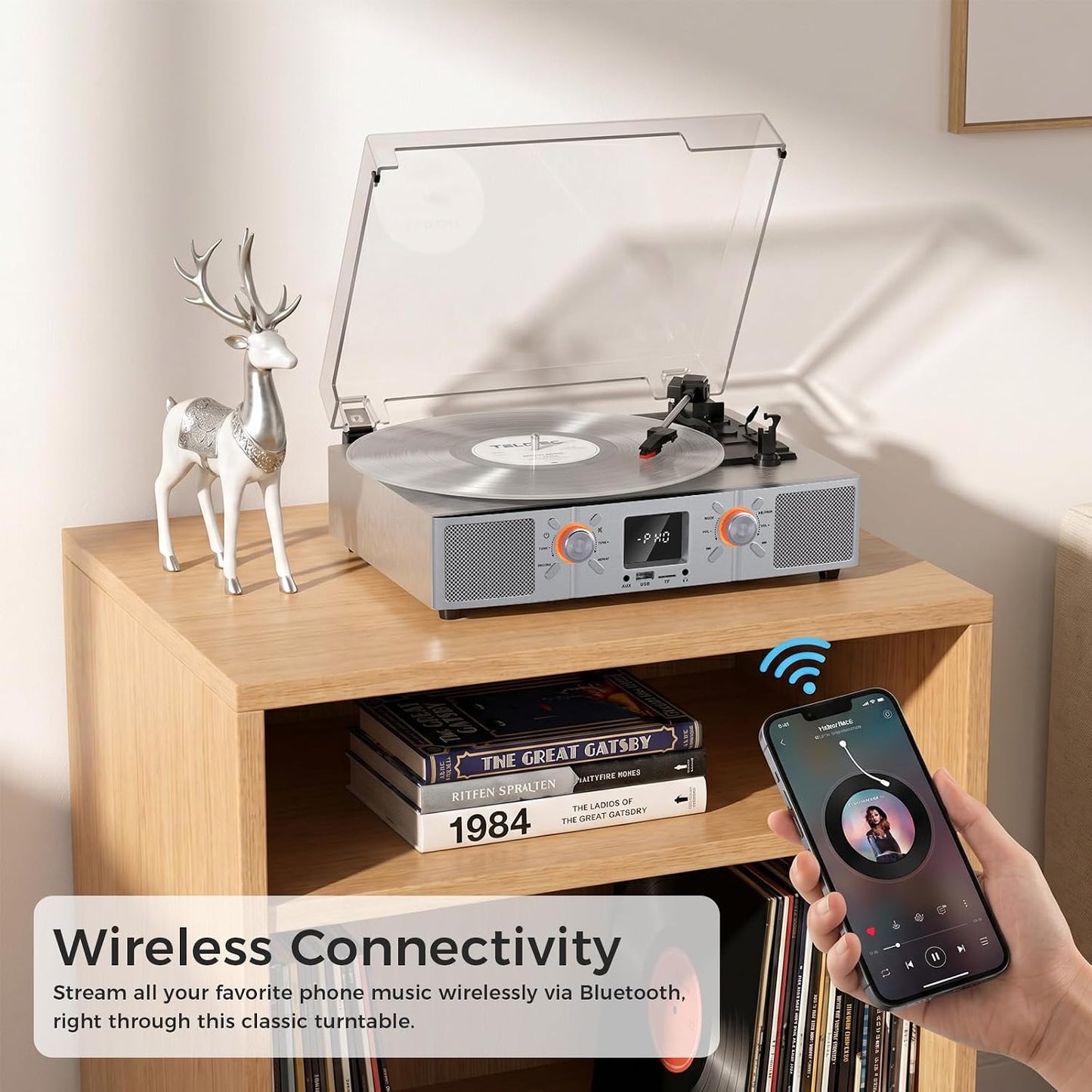 Vinylslink Vinyl Record Player with Speakers, Bluetooth Turntable, 3-Speed LP Player with Auto Stop, USB/TF Playback and Recording, FM Radio, LED Display, RCA Out, AUX In, Headphone Jack, Silver