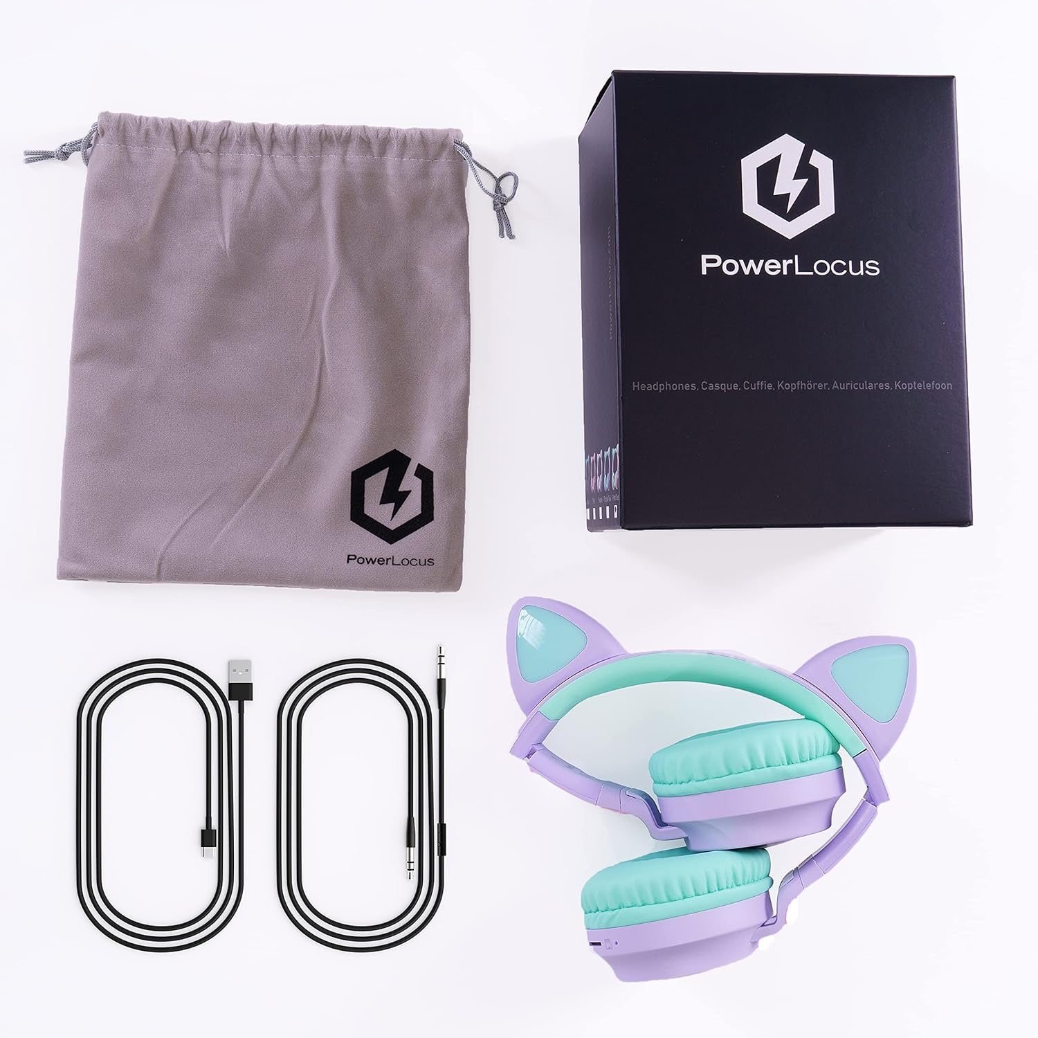 Kids Cat Ear Headphones, Bluetooth 5.3 Wireless, LED Lights, Safe Volume Limit, Micro SD/TF, for Ipad, Tablet, Travel (Purple/Teal)