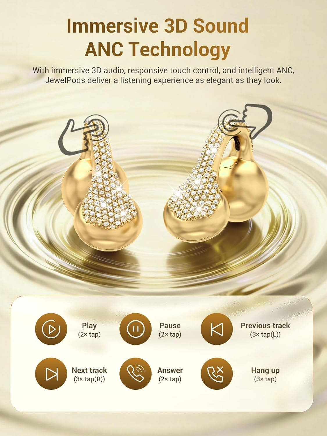 Jewelpods C01 Pro Open Ear Headphones,Luxury Jewelry Wireless Earbuds,Gold | Clip-On Wireless Bluetooth Earbuds Secure, Lightweight, Premium Audio-Water Resistant-Up to 72 Hrs Play,Gift for Her