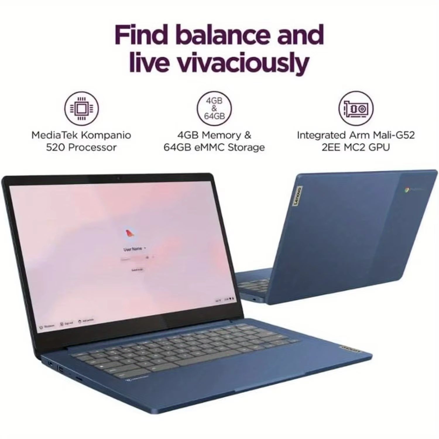 Lenovo Ideapad Slim 3 14'' Full HD Chromebook, Kompanio 520,4GB RAM,320GB Storage(64Gb Emmc+256Gb SD Card),Chrome OS