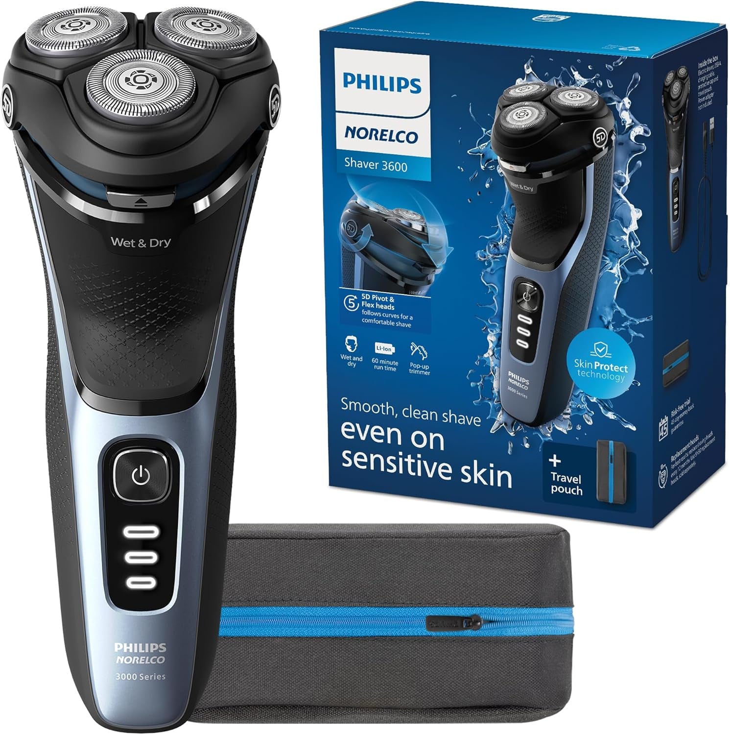 Shaver 3600 Series, Wet and Dry Electric Shaver, P-Cap, Travel Pouch, Storm Blue, Model S3243/91