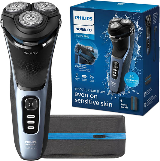 Shaver 3600 Series, Wet and Dry Electric Shaver, P-Cap, Travel Pouch, Storm Blue, Model S3243/91