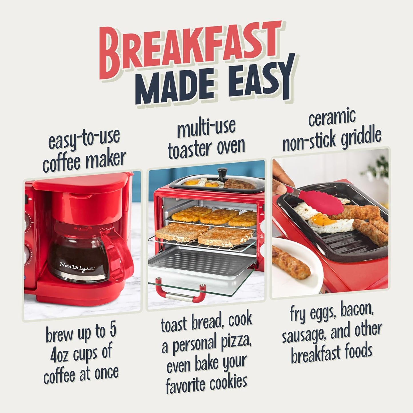 3-In-1 Retro Breakfast Station - Includes 5 (4 Oz) Cup Coffee Maker, Non-Stick Ceramic Griddle, and 4-Slice Toaster Oven - Built-In Timer, Reusable Coffee Filter, Space-Saving Design - Red
