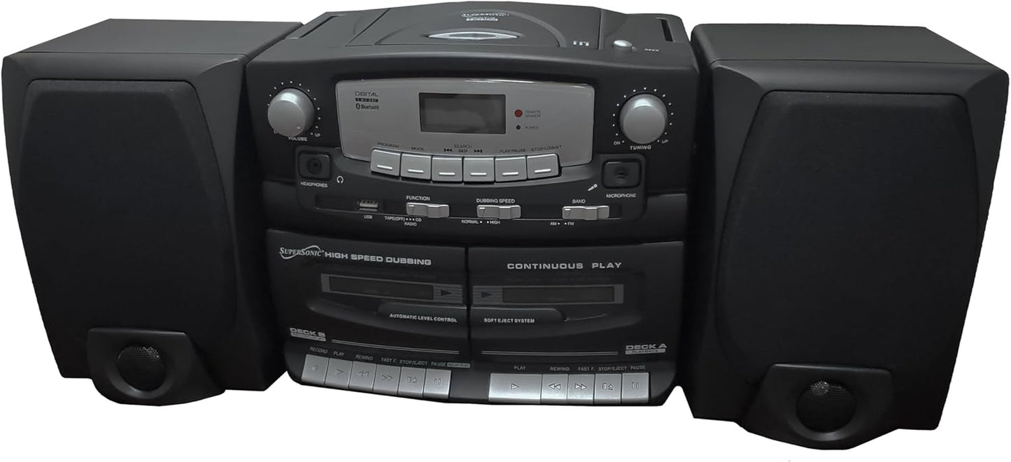Black Edition Vintage Bluetooth Stereo System Home Music Audio System, CD/MP3 Player, AM/FM Radio, Dual Cassette Player/Rec USB Inputs, Detachable Speakers, AC/DC