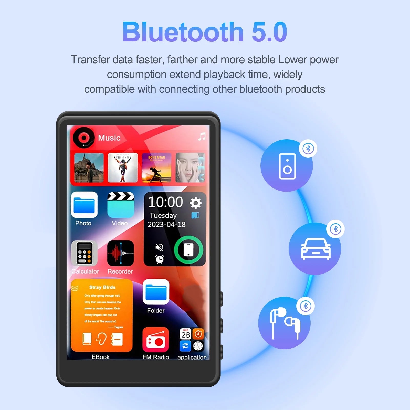 144GB Mp3 Player with Bluetooth, 4.0 Inch Full Touchscreen Mp4 Player, Voice Recorder, Portable Hifi Sound Mp3 Music Player with Earphones, Built-In HD Speaker, Black