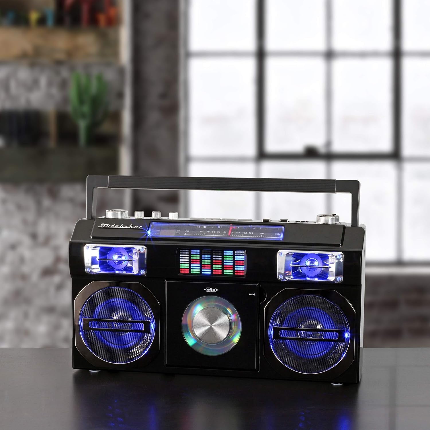 SB2145B 80'S Retro Street Bluetooth Boombox with FM Radio, CD Player, LED EQ, 10 Watts RMS Power and AC/DC