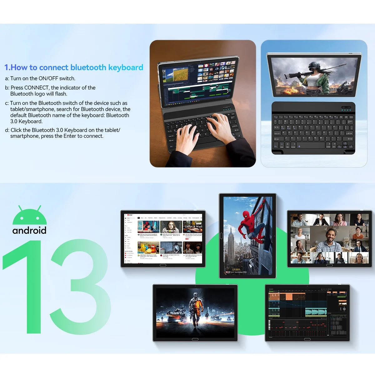 Android 13 Tablet , 4GB+64GB Storage Tablet with Keyboard, Google GMS Certified, Dual 13MP+5MP Camera, Wifi, Bluetooth, IPS Full HD Display