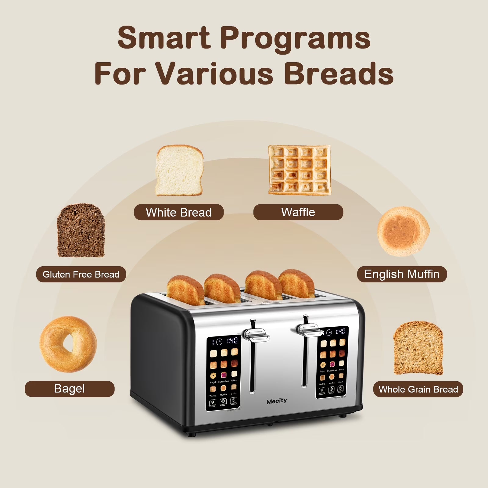 4-Slice Toaster with Touchscreen, Stainless Steel, Wide Slots, 6 Browning Settings, Digital Display, Reheat, Defrost, Crumb Tray, Matte Black