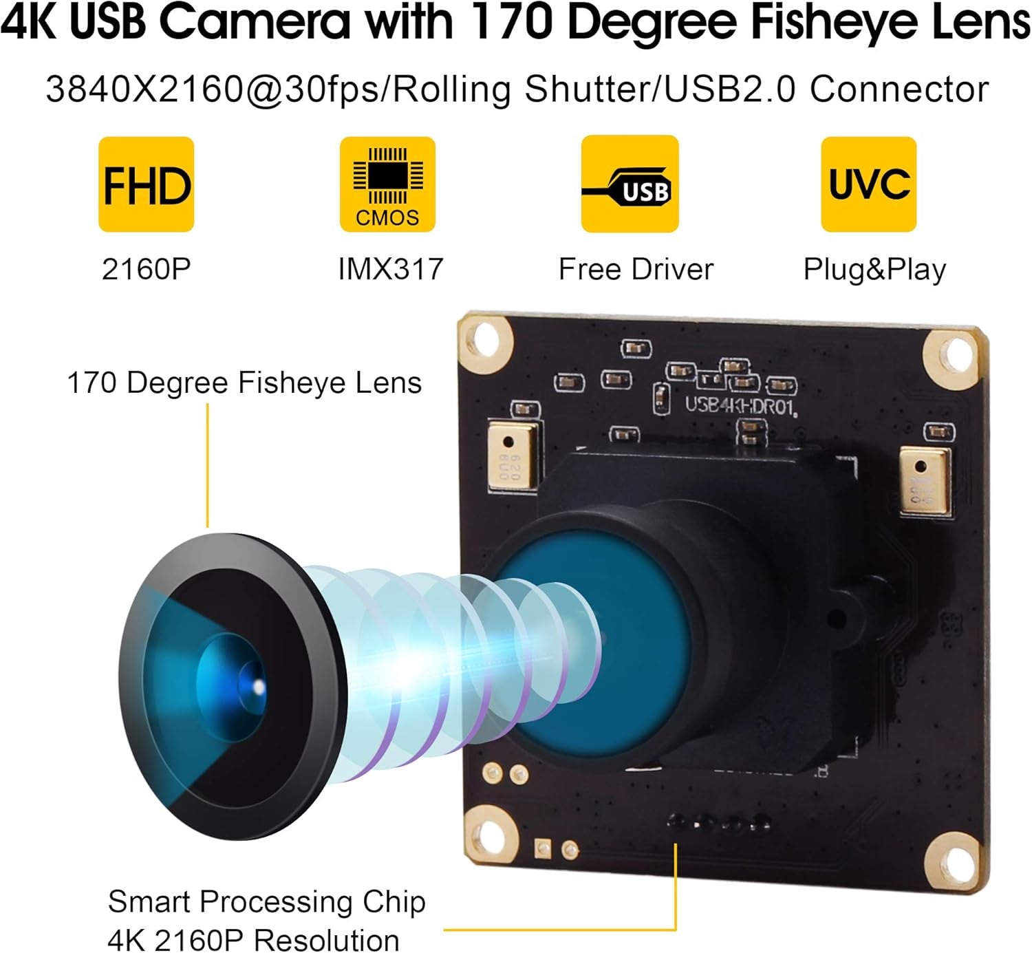 4K USB Camera Module Wide Angle with Microphone 170Degree Fisheye Lens Audio Video Webcam Board for Computer Mini UVC USB2.0 PC Camera Industrial USB with Camera IMX317 Lightburn Camera
