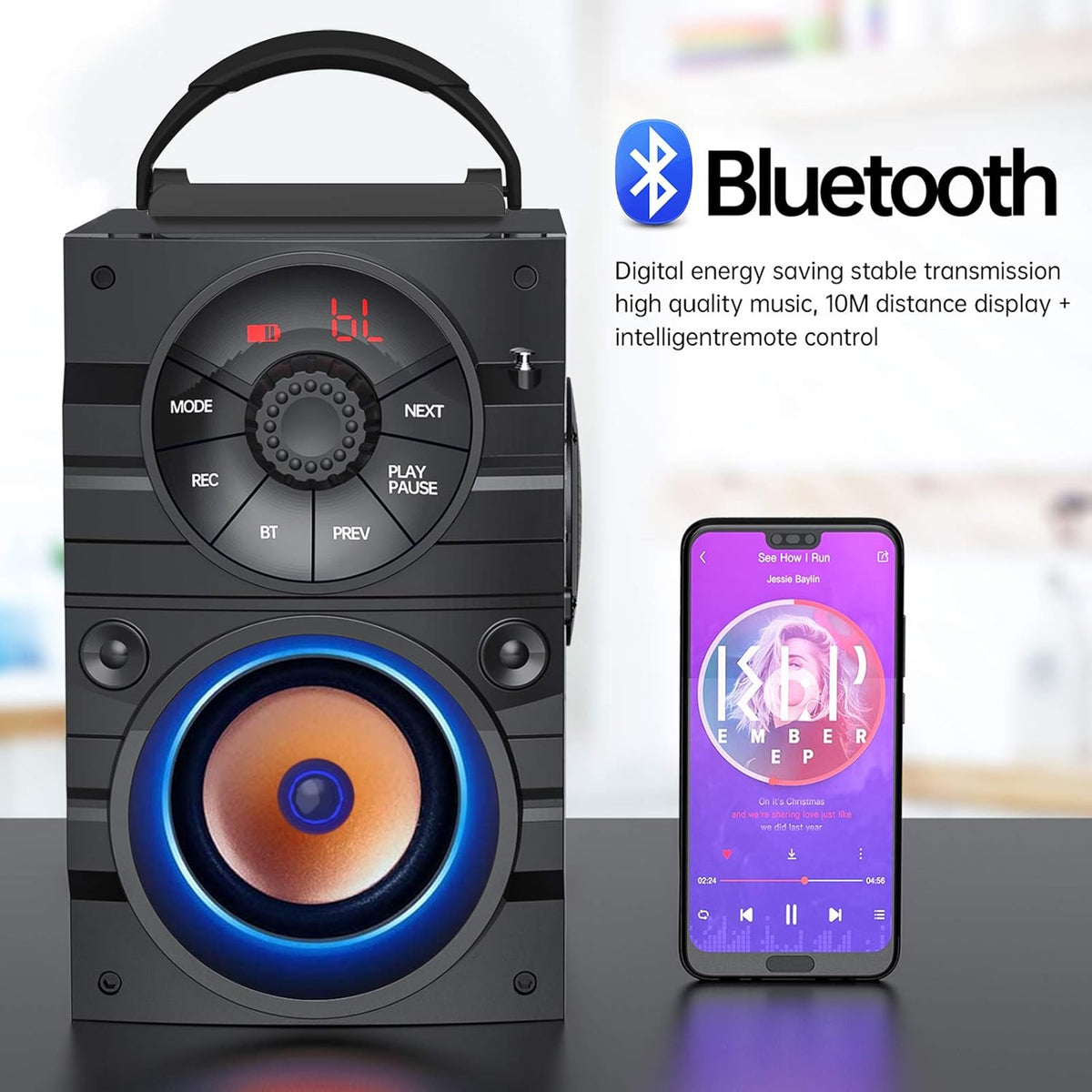 Portable Big Bluetooth Speakers with Light, Wireless with Subwoofer, FM Radio, LED Lights, EQ, Booming Bass, Bluetooth 4.2 Stereo Loud Outdoor/Indoor Retro, for Home, Camping, Travel, Black