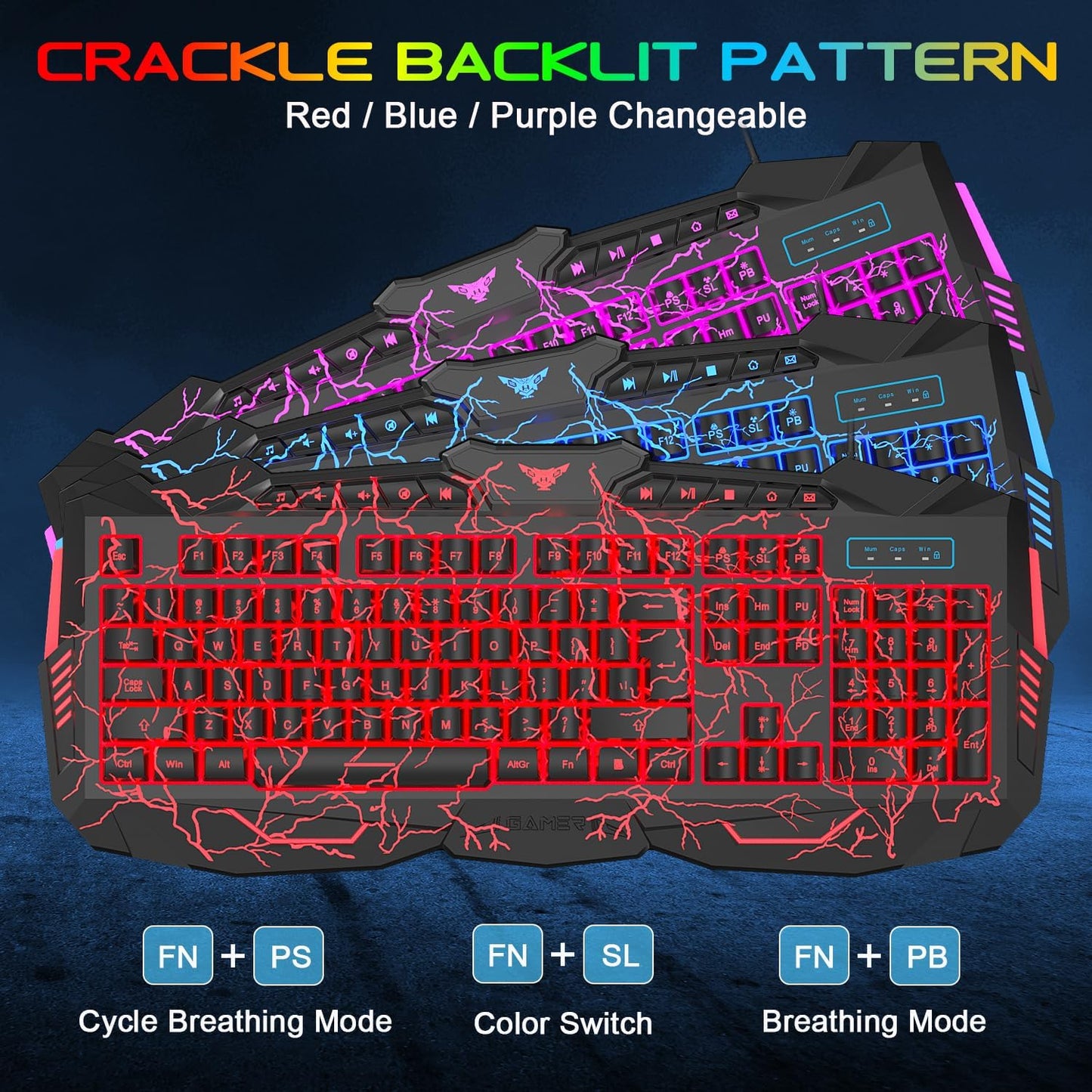 Gaming Keyboard Mouse Headset Combo, USB Wired Crack Backlit,114 Keys Letters Glow LED Keyboard, Red LED Light Headset for Laptop PC Computer Work and Game