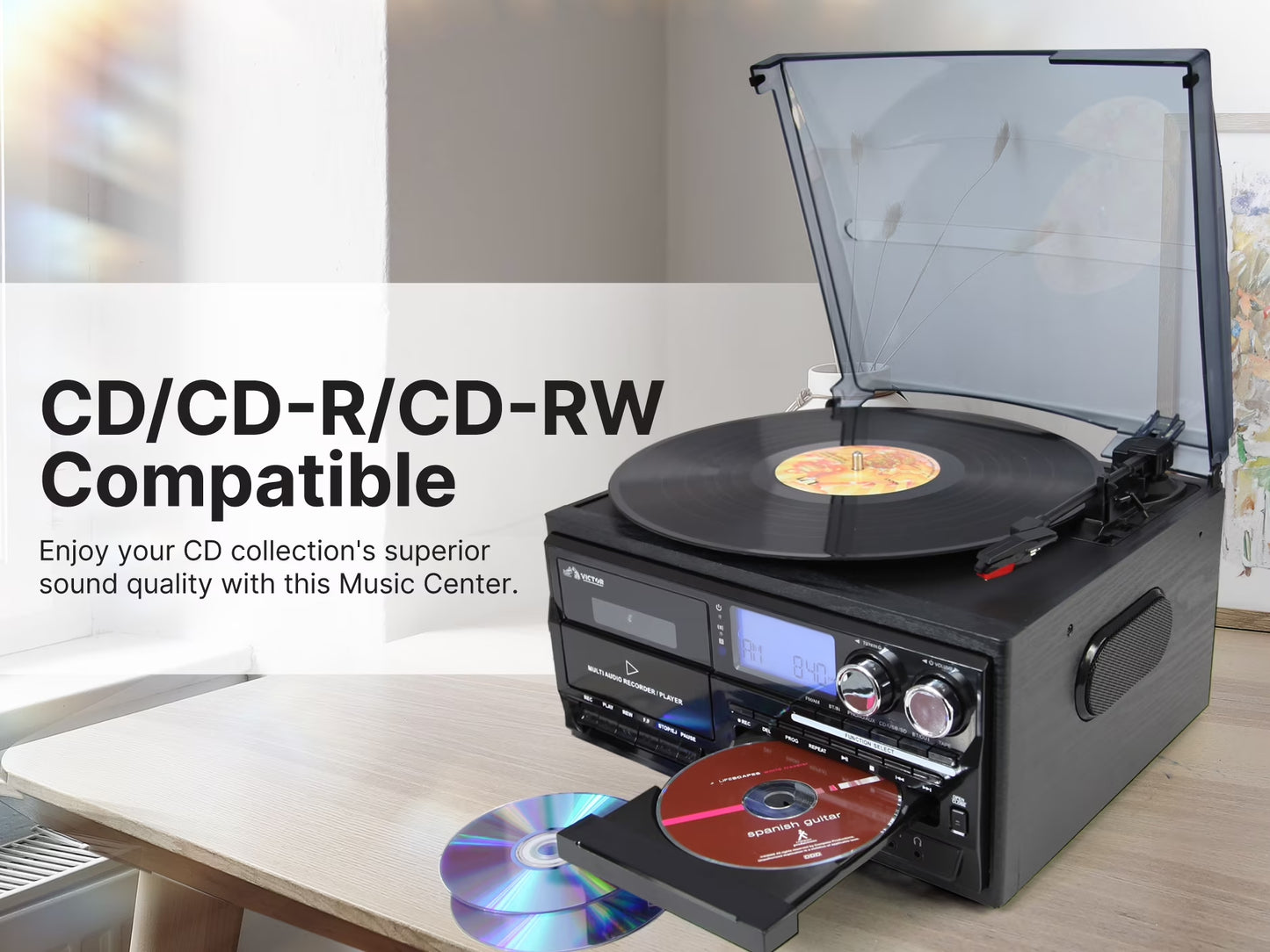 VWRP-4200 Cosmopolitan 8-In-1 Turntable Music Center with 3-Speed Record Player, Cd/Mp3/Cassette Player, AM/FM Radio, Dual Bluetooth in & Out, USB Playback & Recording