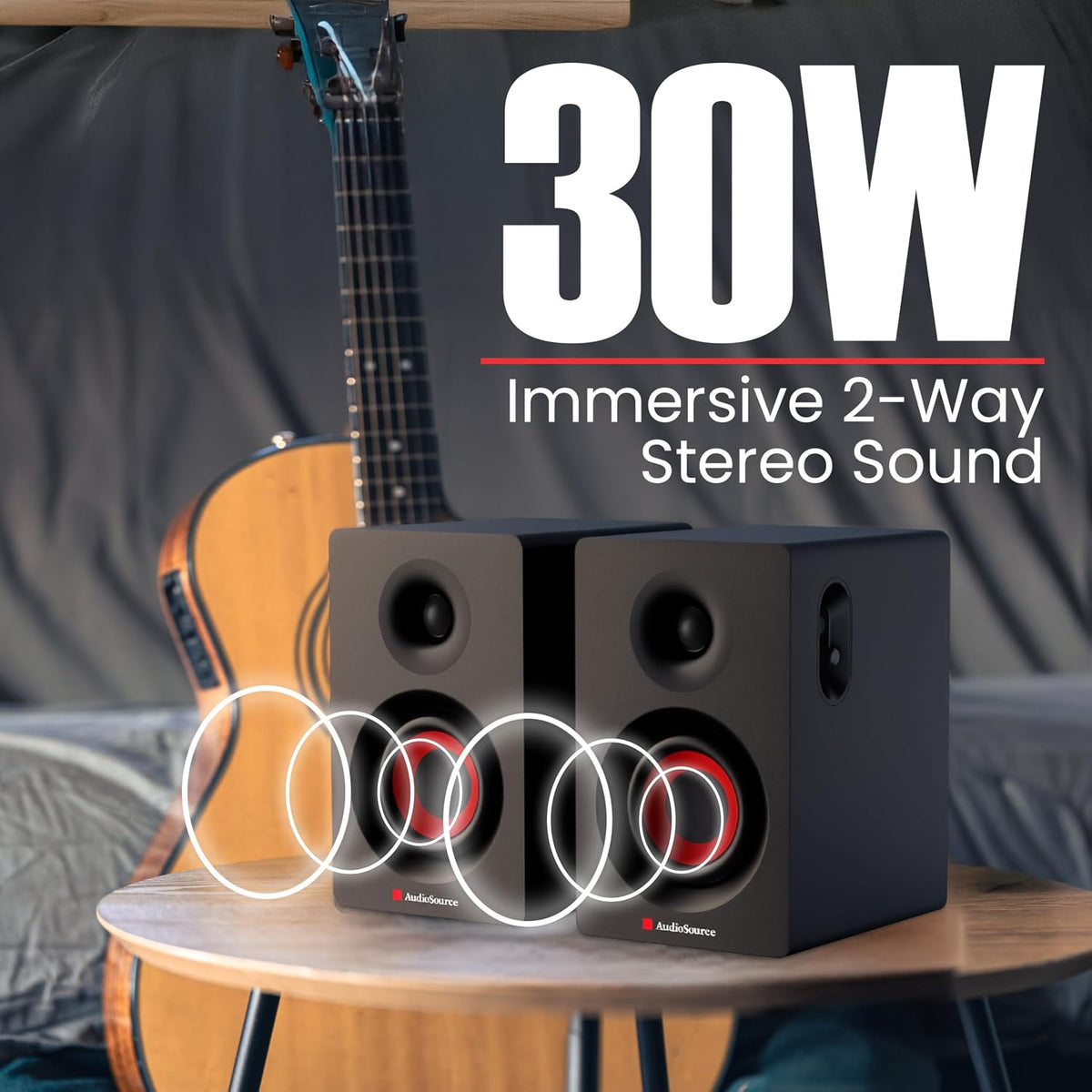 Bookshelf 30W RMS Powered Desktop Speakers, Bluetooth, Hi-Fi