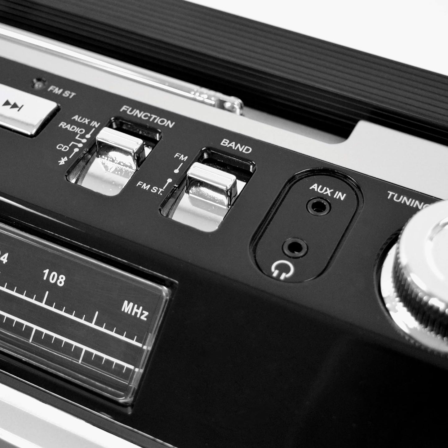 SB2145B 80'S Retro Street Bluetooth Boombox with FM Radio, CD Player, LED EQ, 10 Watts RMS Power and AC/DC