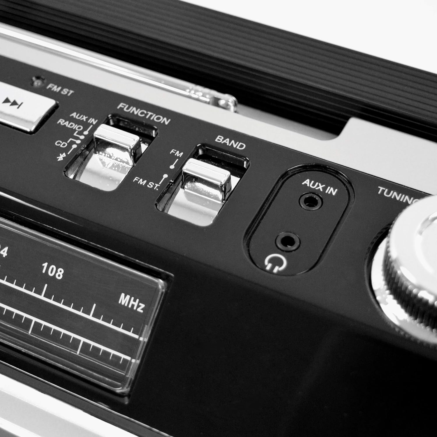 SB2145B 80'S Retro Street Bluetooth Boombox with FM Radio, CD Player, LED EQ, 10 Watts RMS Power and AC/DC