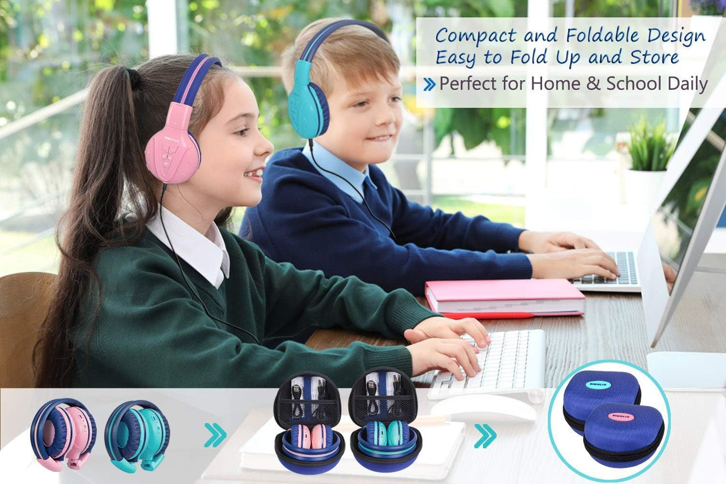 2 Pack Kids Bluetooth Headphones with Share Port, 75/85/94Db Volume Limit W/Mic for Toddler Teens, Bluetooth 6.0, 30H Playtime, Foldable Headsets W/Travel Case for School Airplane Ipad PC