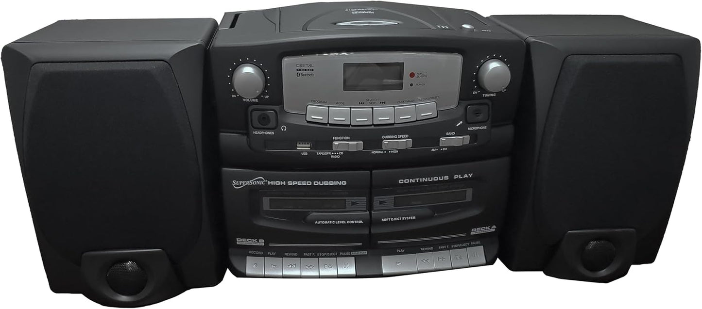 Black Edition Vintage Bluetooth Stereo System Home Music Audio System, CD/MP3 Player, AM/FM Radio, Dual Cassette Player/Rec USB Inputs, Detachable Speakers, AC/DC
