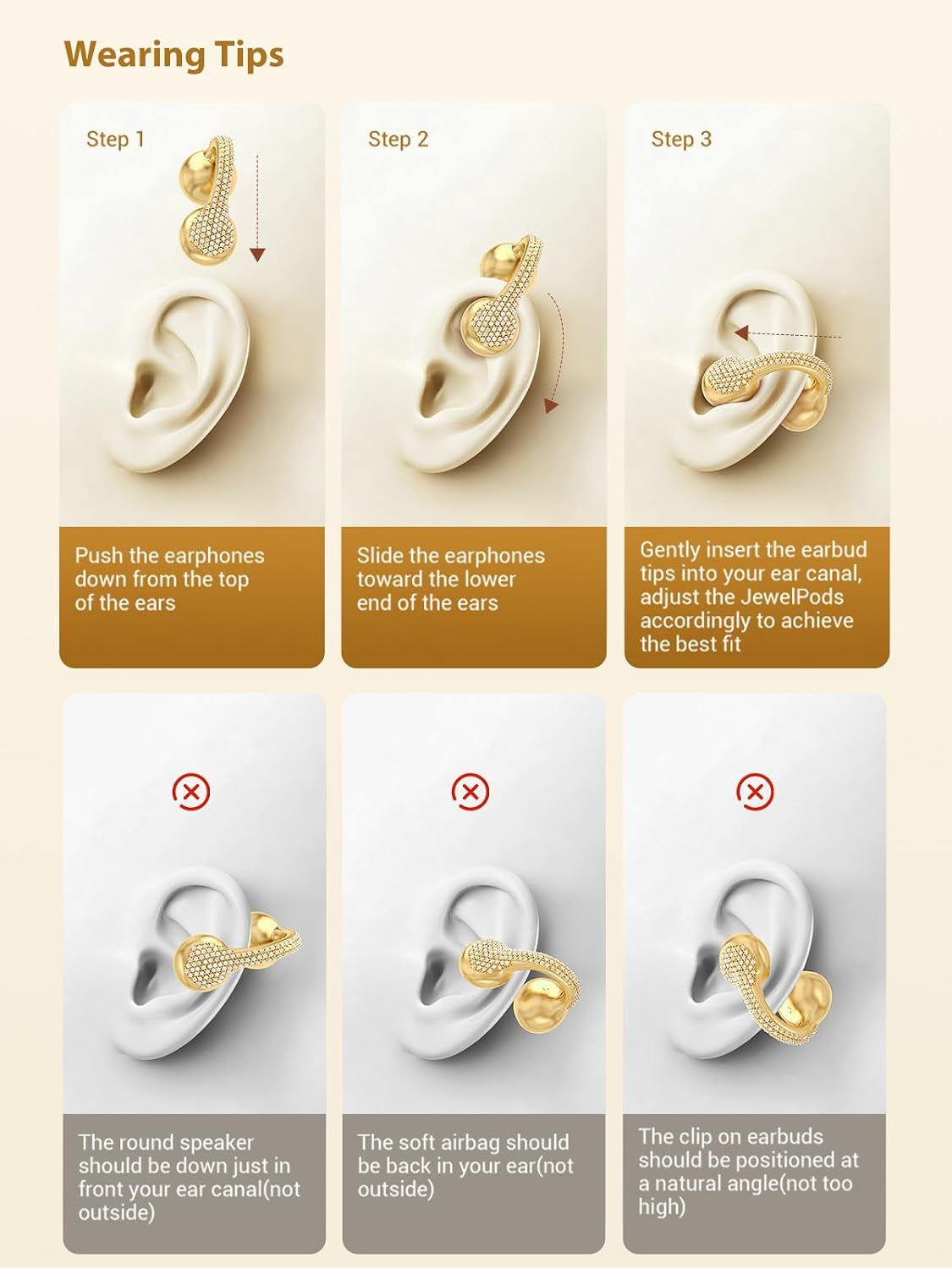 Jewelpods C01 Pro Open Ear Headphones,Luxury Jewelry Wireless Earbuds,Gold | Clip-On Wireless Bluetooth Earbuds Secure, Lightweight, Premium Audio-Water Resistant-Up to 72 Hrs Play,Gift for Her