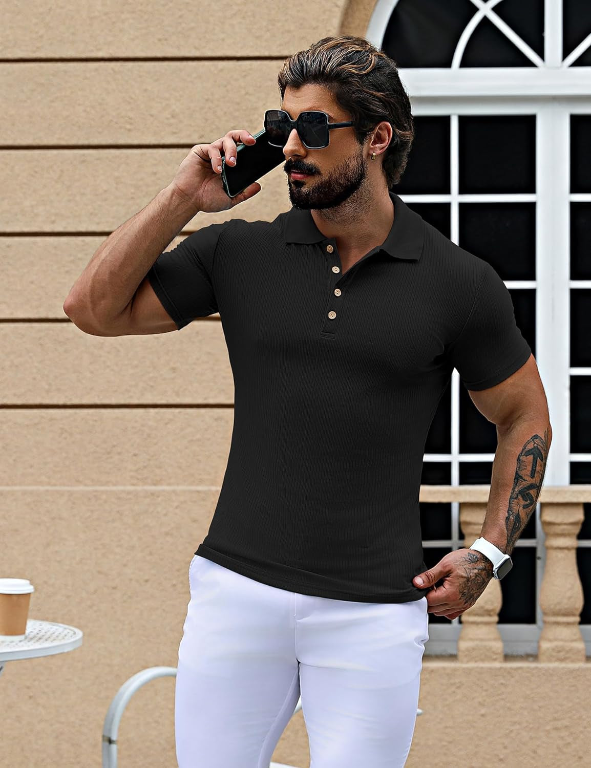 Men'S Muscle T Shirts Stretch Short Sleeve Workout Tee Casual Slim Fit Polo Shirt