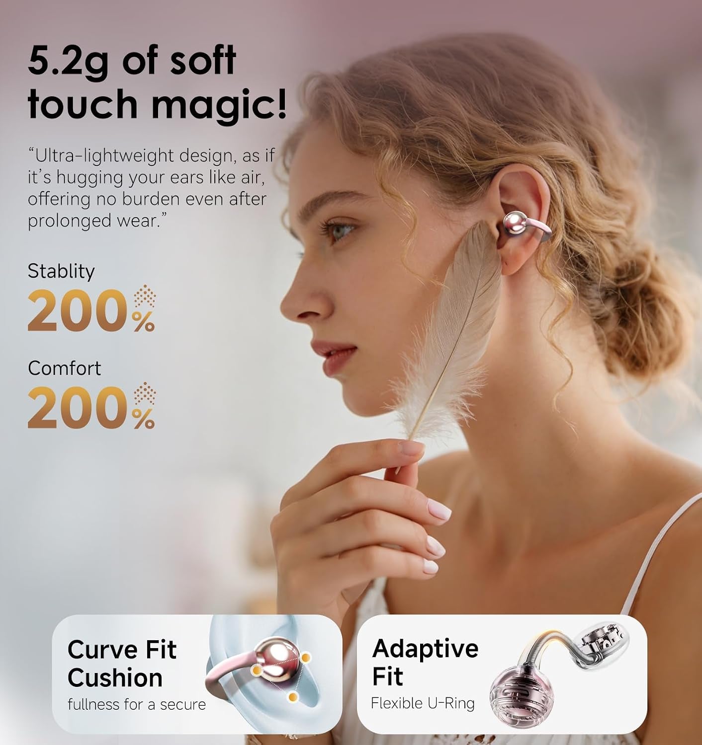 Clip-On Earbuds Gen 3, Open-Ear Wireless Bluetooth 6.0 Headphones with Mic, Secure Fit for Small Ears & Glasses Wearers, 50H Playtime, ENC, IPX5 Waterproof Sport Ear Buds (Pink)
