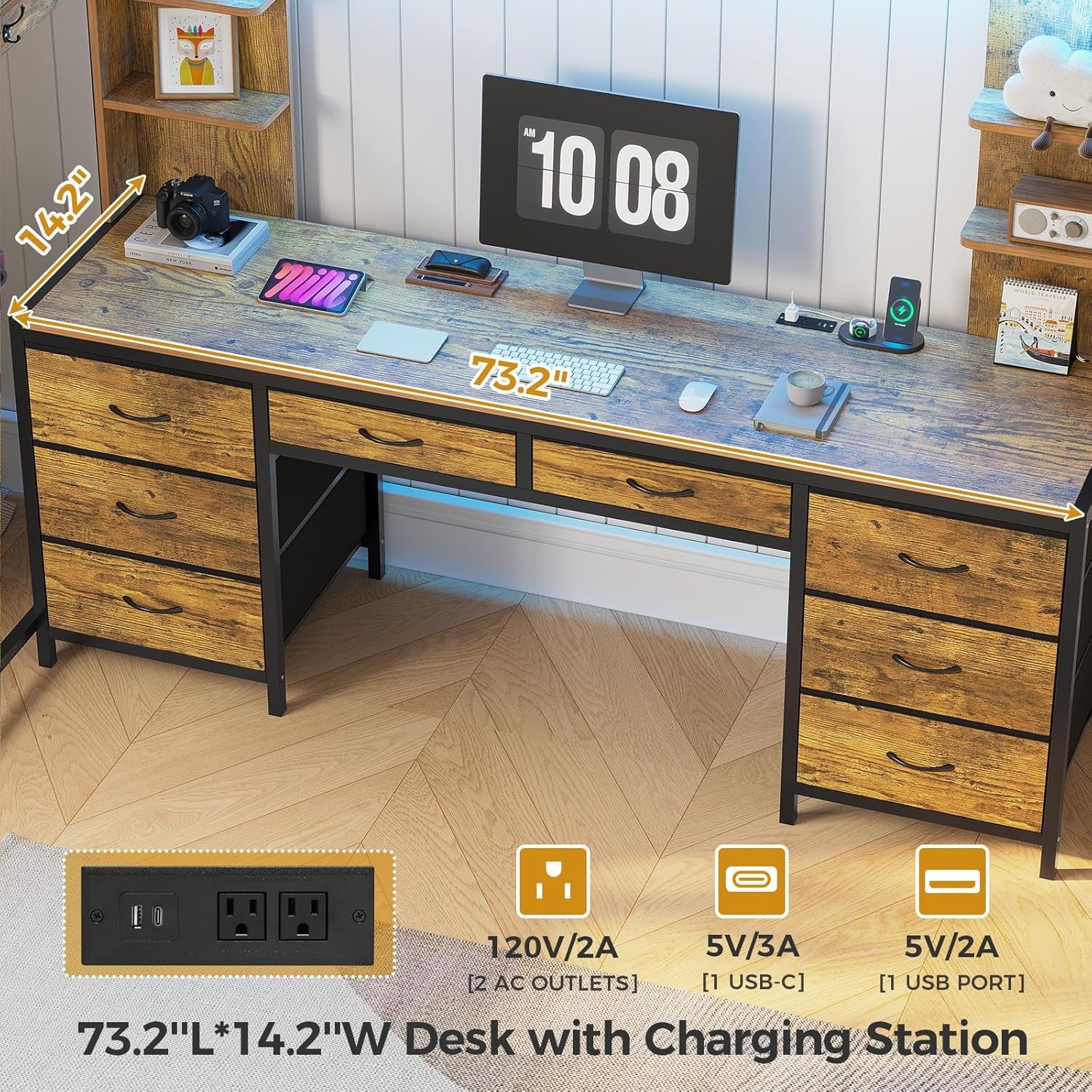 Full Size Loft Bed with Desk and 8 Storage Drawers for Teens,Rustic Brown | Metal Loft Beds with LED Lights & Charging Sation, Heavy Duty Bed Frame with 6 Storage Shelves, Space-Saving, Noise Free