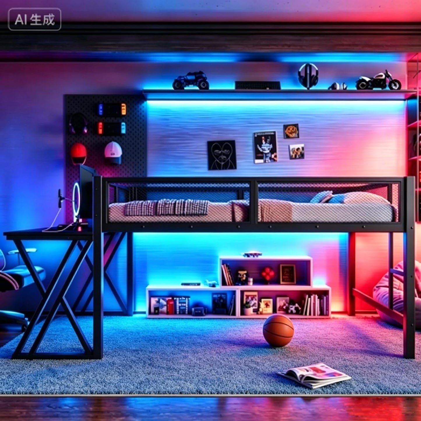 Full Size Gaming Loft Bed with Desk, USB Ports & LED Lights, Metal Loft Bed Frame with Mesh Guardrails, Space-Saving for Dorms, Bedrooms, & Gaming Setups (Black/Full)