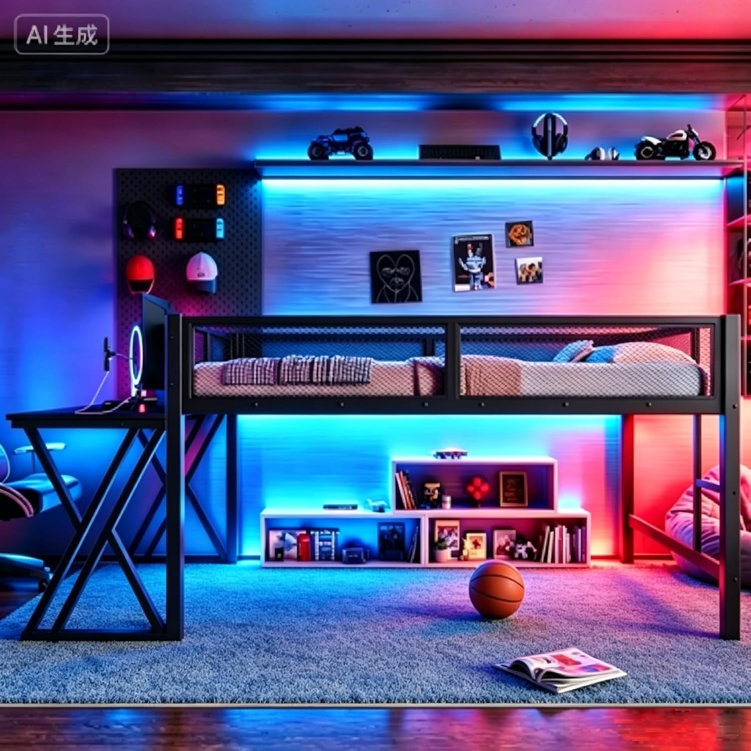 Full Size Gaming Loft Bed with Desk, USB Ports & LED Lights, Metal Loft Bed Frame with Mesh Guardrails, Space-Saving for Dorms, Bedrooms, & Gaming Setups (Black/Full)