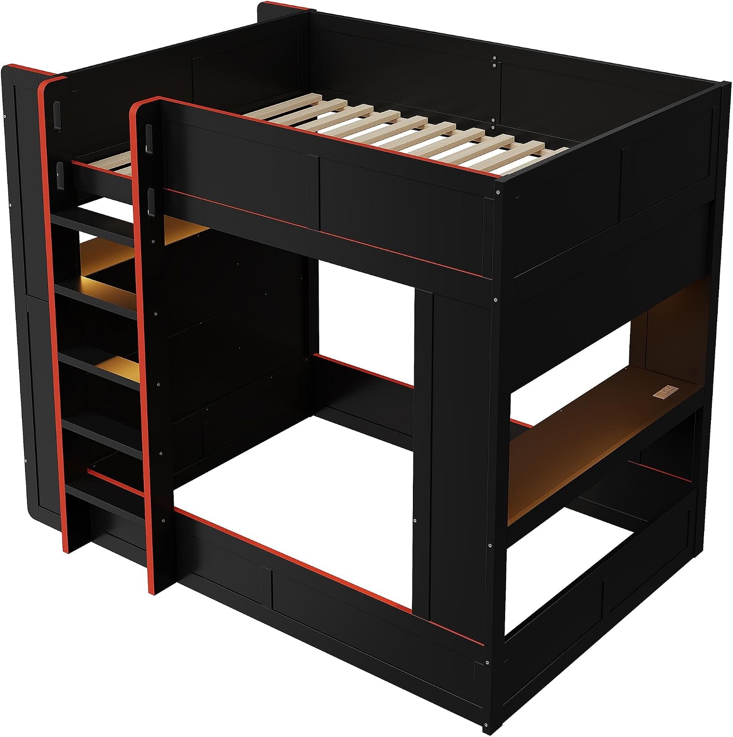 Full Size Wood Gaming Bunk Bed, Gaming Loft Bed with Desk, Storage Shelves, Charging Station, Black