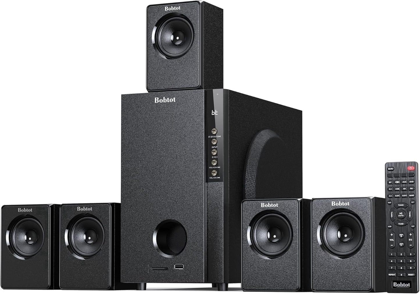 Home Theater Systems with 5.25 Inch Subwoofer, 5.1 Wired Satellite Surround Sound Speakers, 600 Watts Peak Power Deep Bass Audio Stereo System with FM Radio Bluetooth AUX DVD USB SD Input