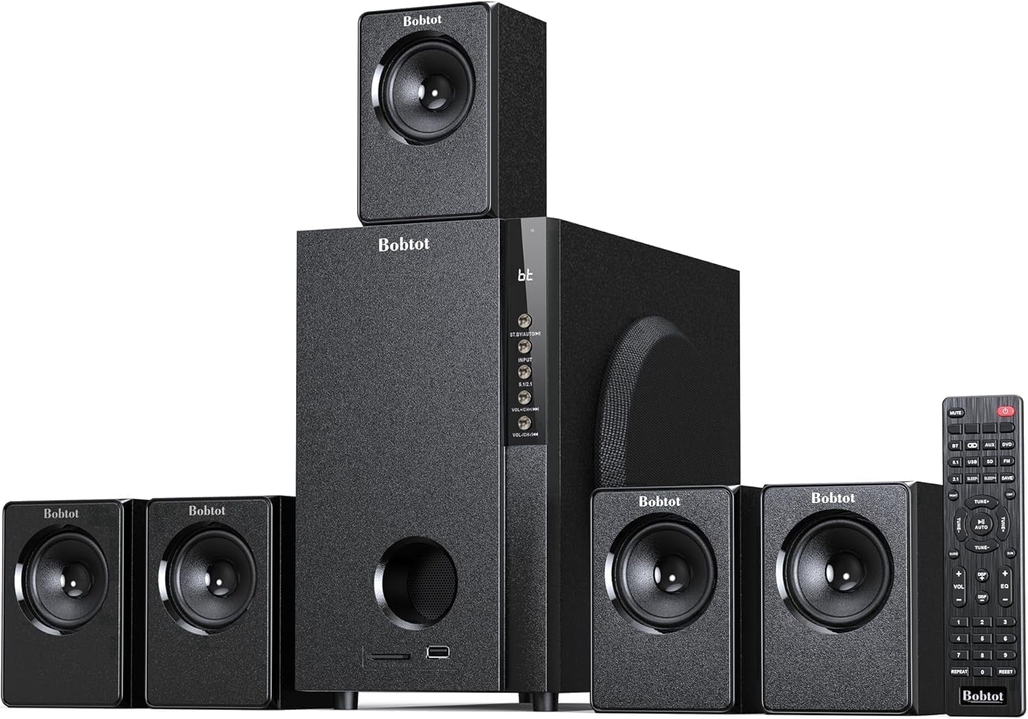 Home Theater Systems with 5.25 Inch Subwoofer, 5.1 Wired Satellite Surround Sound Speakers, 600 Watts Peak Power Deep Bass Audio Stereo System with FM Radio Bluetooth AUX DVD USB SD Input