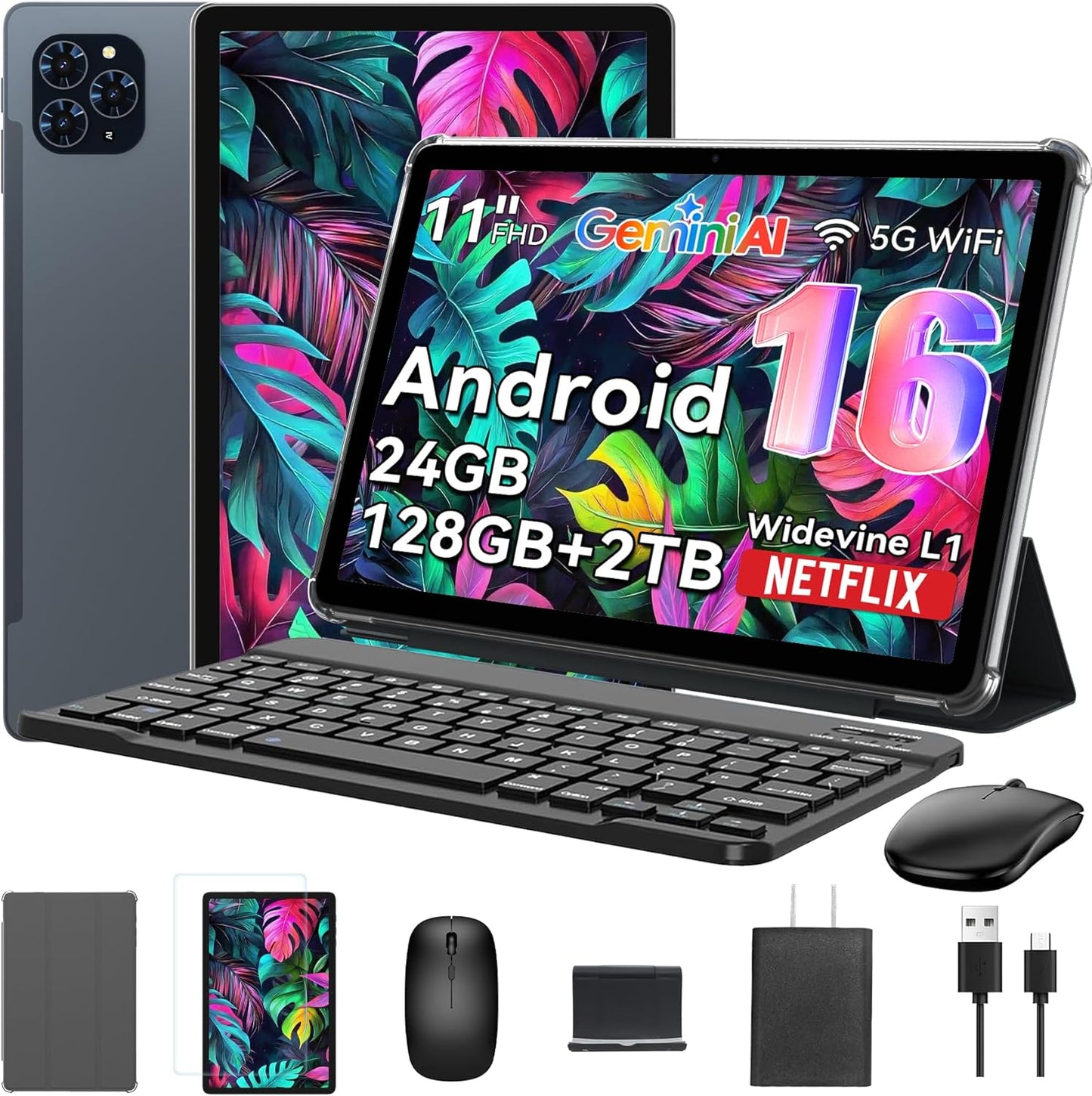 Tablet, 11 Inch Android 16 Tablets with Keyboard Gemini AI 3.5, 24GB+128GB