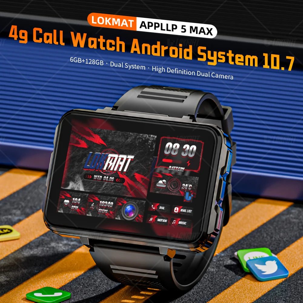 Lokmat Appllp 5 Android Watch Phone Square Big Screen Wifi 4G Calls Smartwatches Dual Camera with Flashlight Gaming Watch