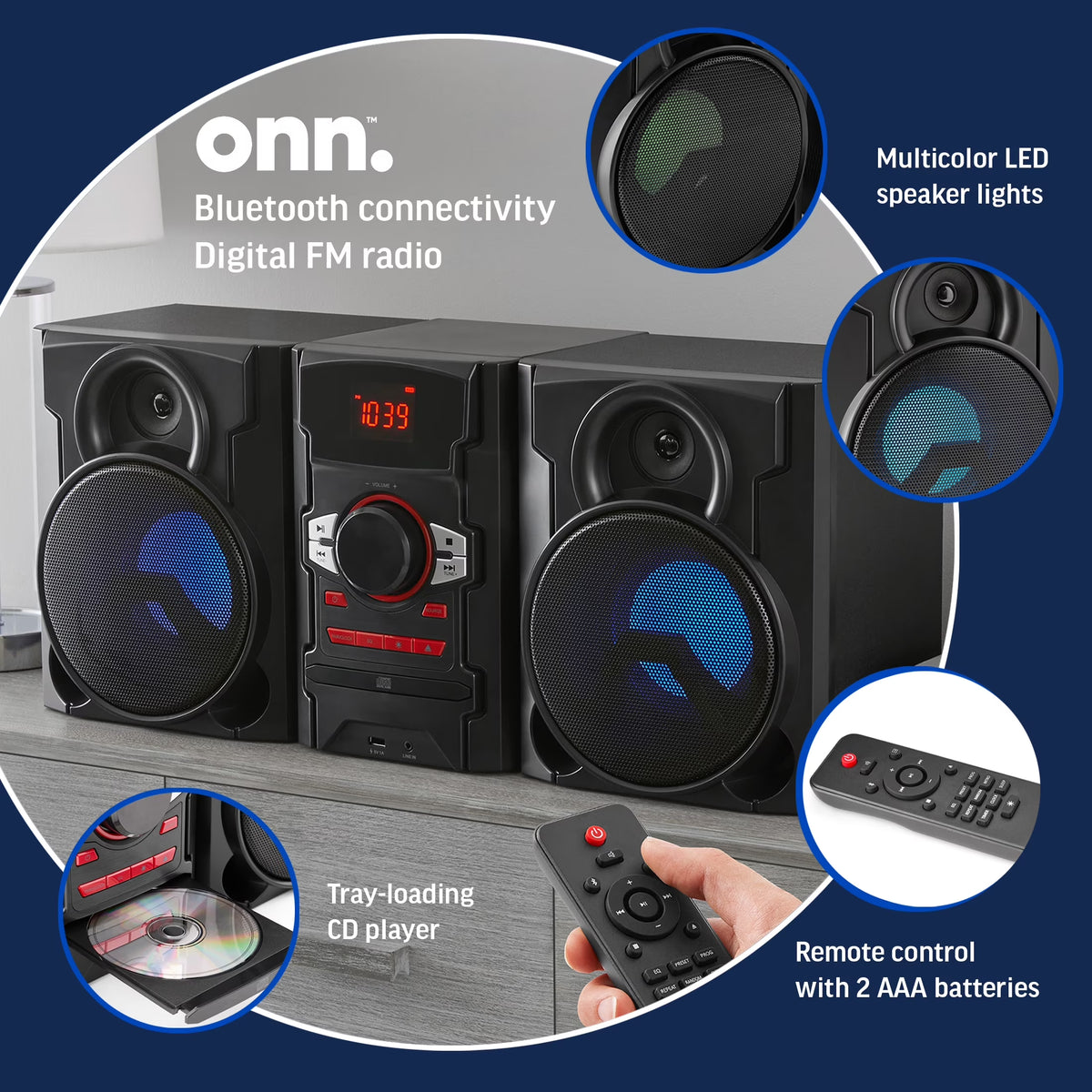 . CD Stereo System 100W with Bluetooth and USB Charging