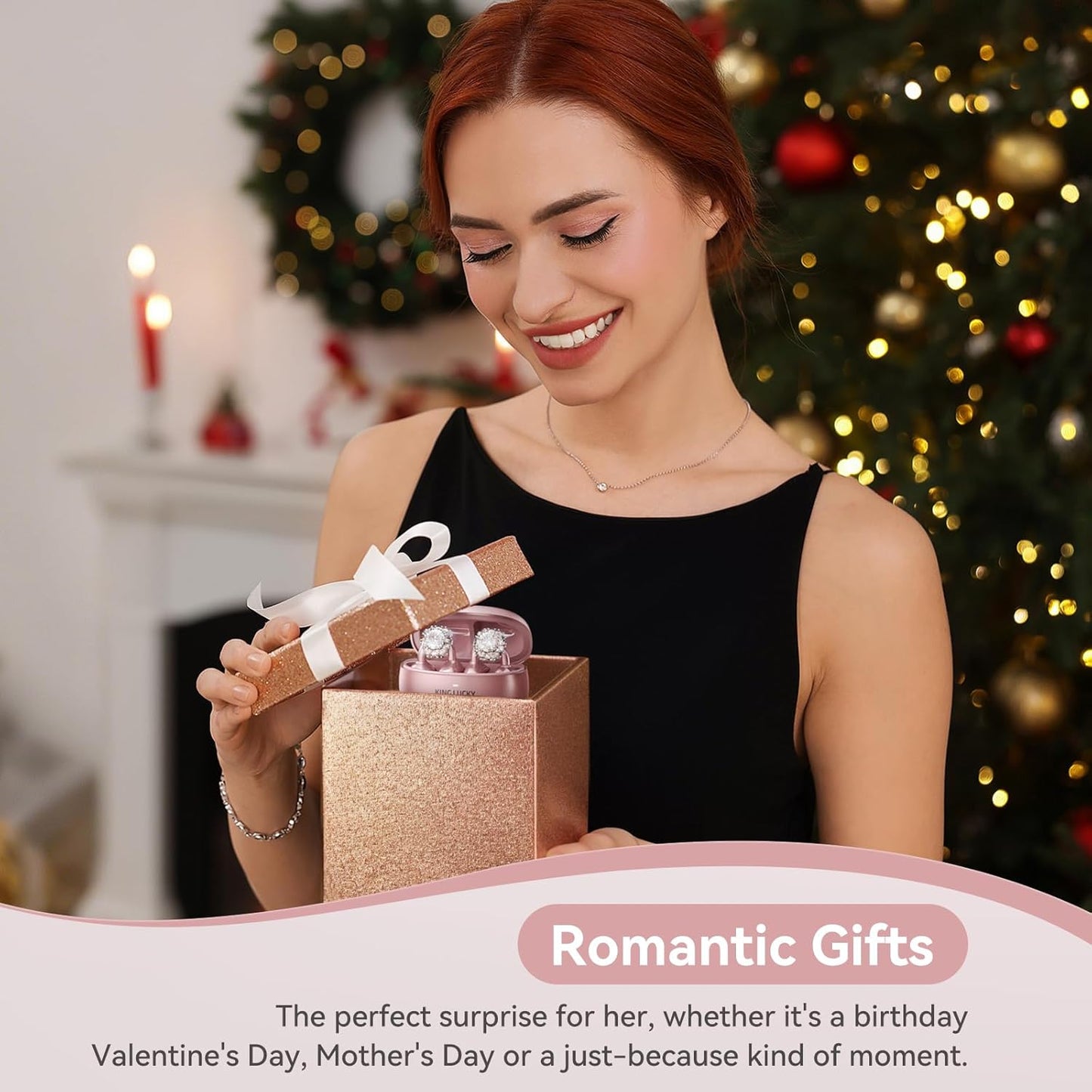 Jewelry-Inspired Clip-On Earbuds with Diamond Earrings, Comfortable Fit & 40H Playtime Open Ear Bluetooth 5.4 Wireless Headphones for Women, Small Ears, Sports & Workouts (Rose Gold)