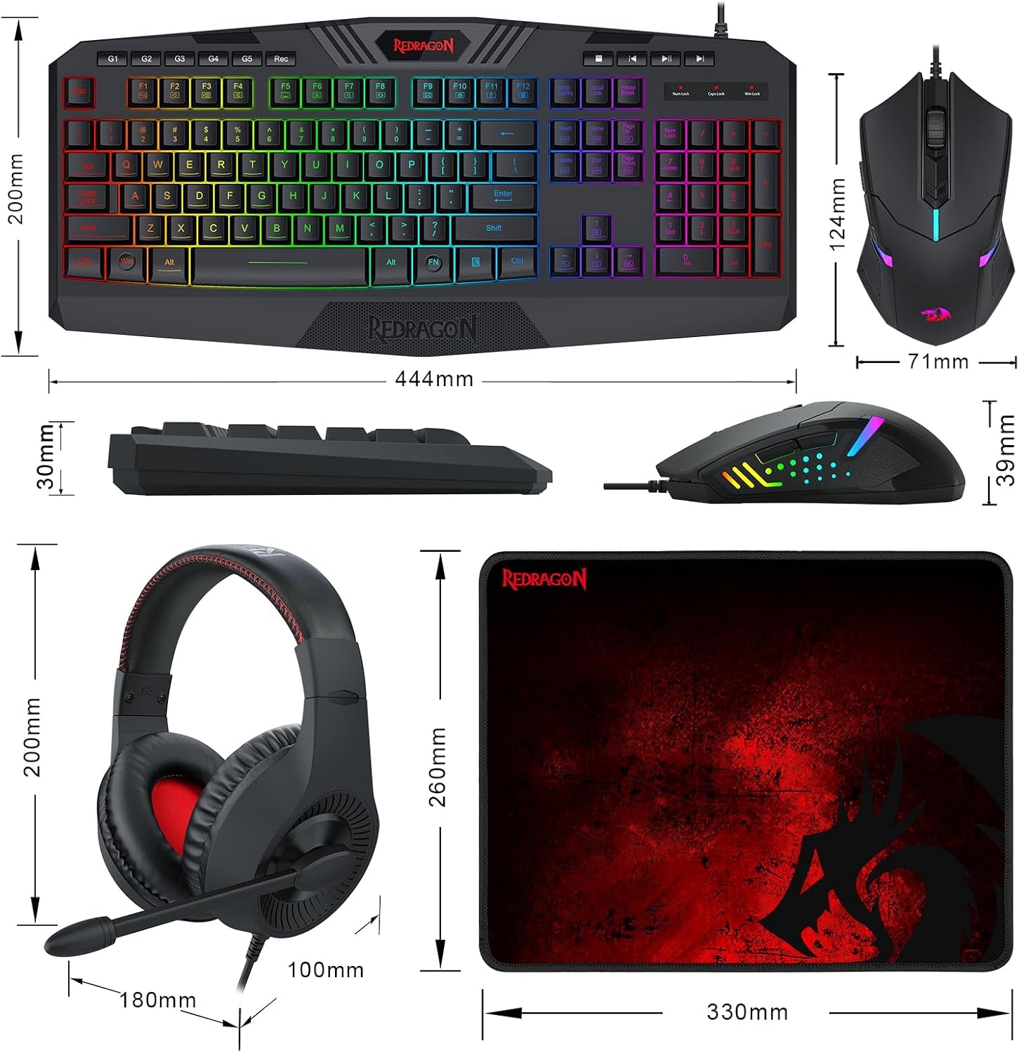S101-3 Wired RGB Backlit Gaming Keyboard and Mouse Combo, Programmable Keyboard and Mouse (800-7200DPI), Gaming Headset Mouse Pad Combo All in 1 PC Gamer Bundle for Windows PC (Black)